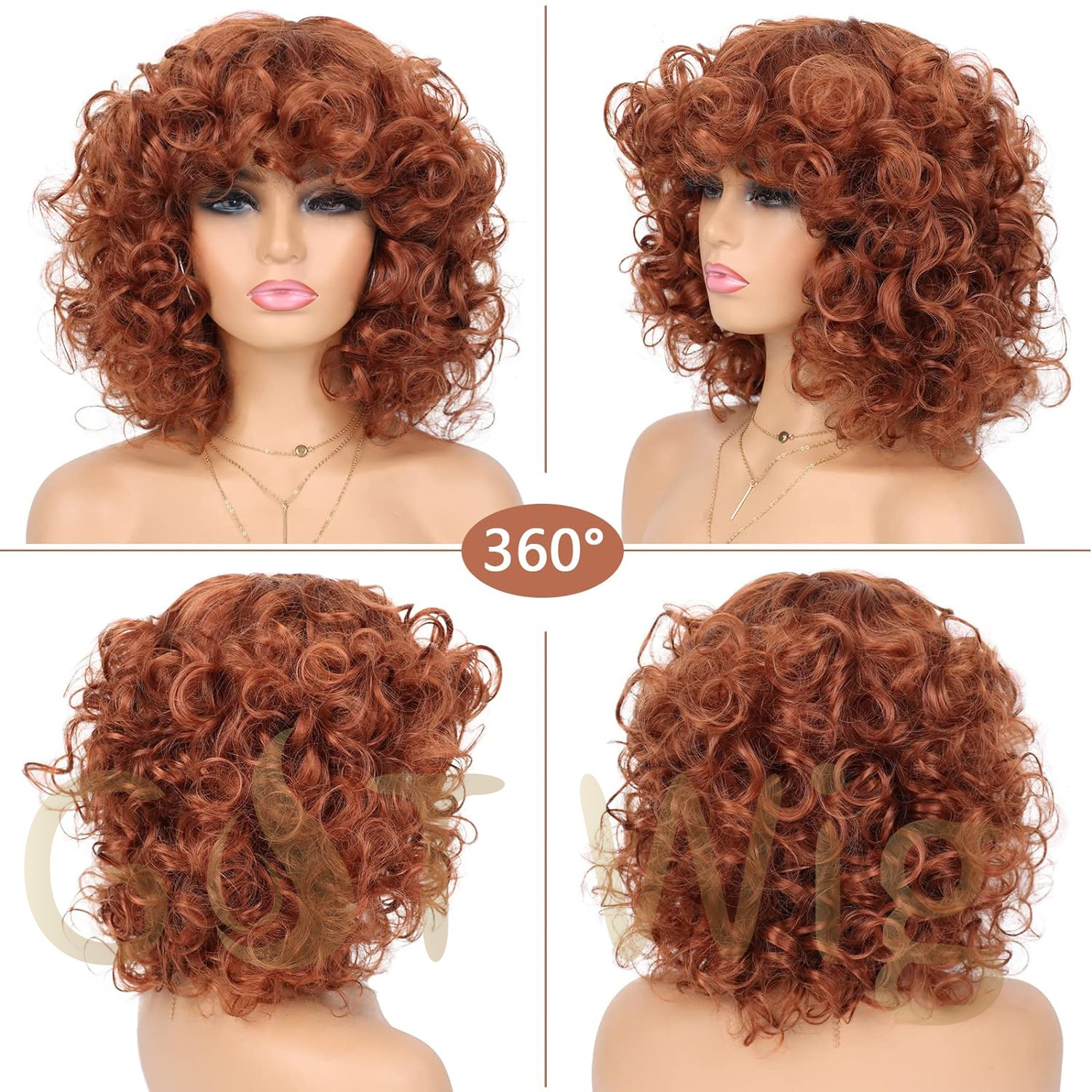 G&T Wig Afro Curly Wig with Bangs Glueless Wear and Go Copper Red Hair Big Bouncy Fluffy Short Kinky Curly Wig