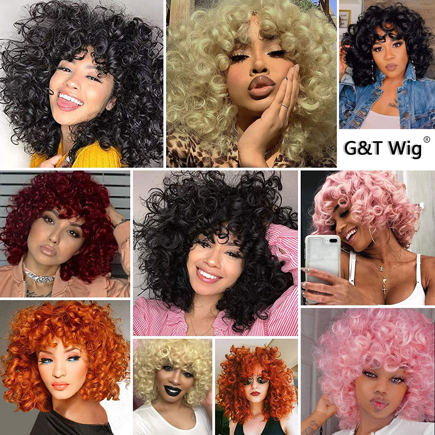 G&T Wig Wholesale  Colorful Curly Wigs Heat Resistant Synthetic Hair Replacement Afro Curly Wig with Bangs for Black Women