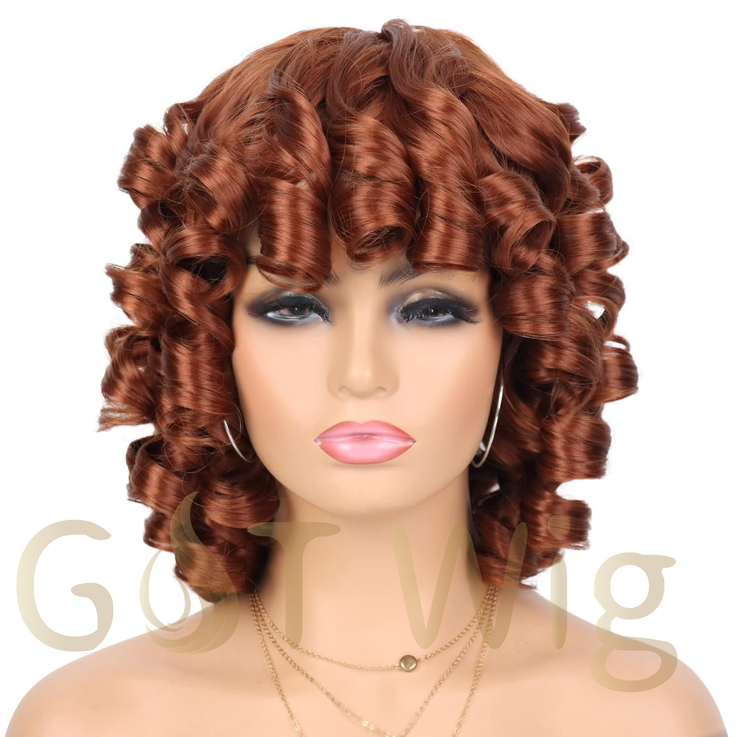 G&T Wig Afro Curly Wig with Bangs Glueless Wear and Go Copper Red Hair Big Bouncy Fluffy Short Kinky Curly Wig