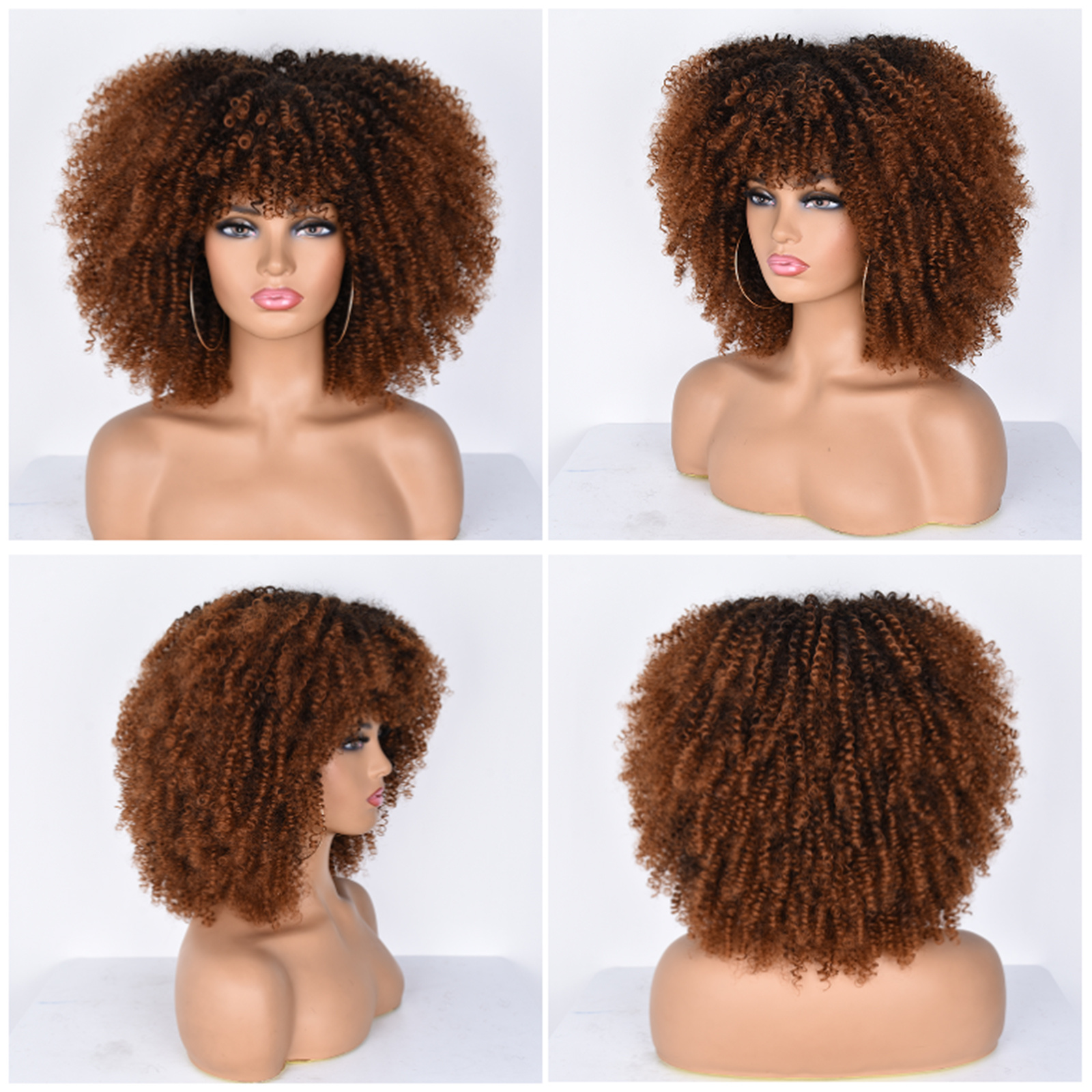 G&T Wig Wholesale Short  Kinky Curly  with Bangs for Black Women Ombre Brown Afro Curly Synthetic Wigs