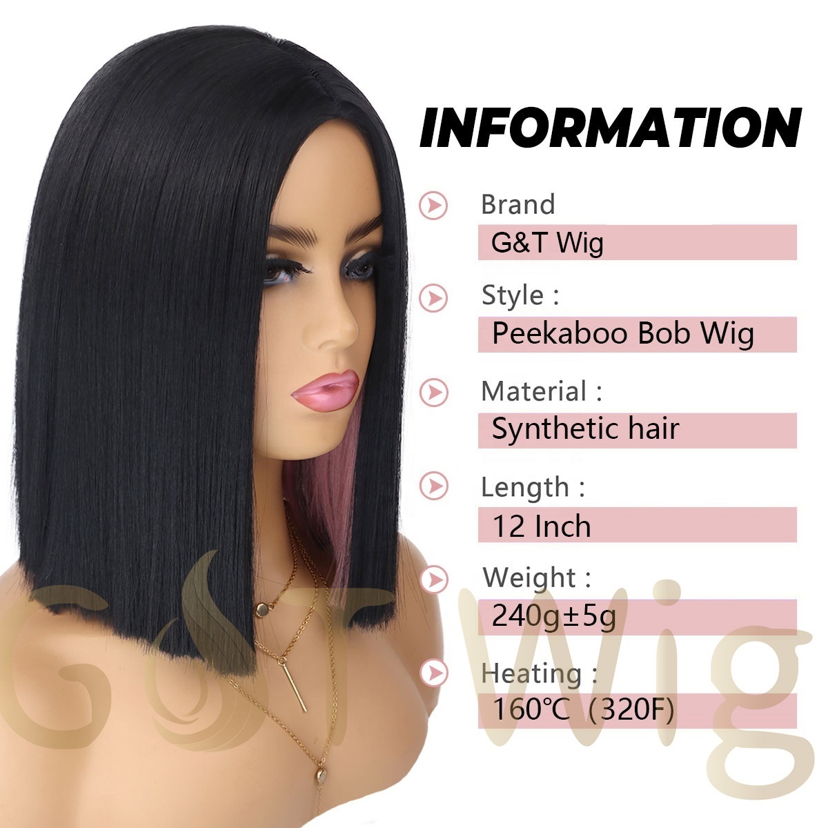 G&T Wig Pink Peekaboo Bob Wig Short Black Mix Pink Highlight Blunt Cut Wig for Women Straight Hair for Party Daily Costume Use