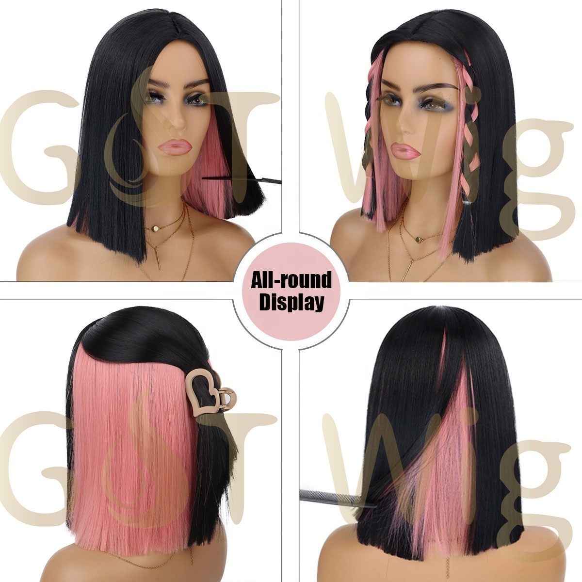 G&T Wig Pink Peekaboo Bob Wig Short Black Mix Pink Highlight Blunt Cut Wig for Women Straight Hair for Party Daily Costume Use