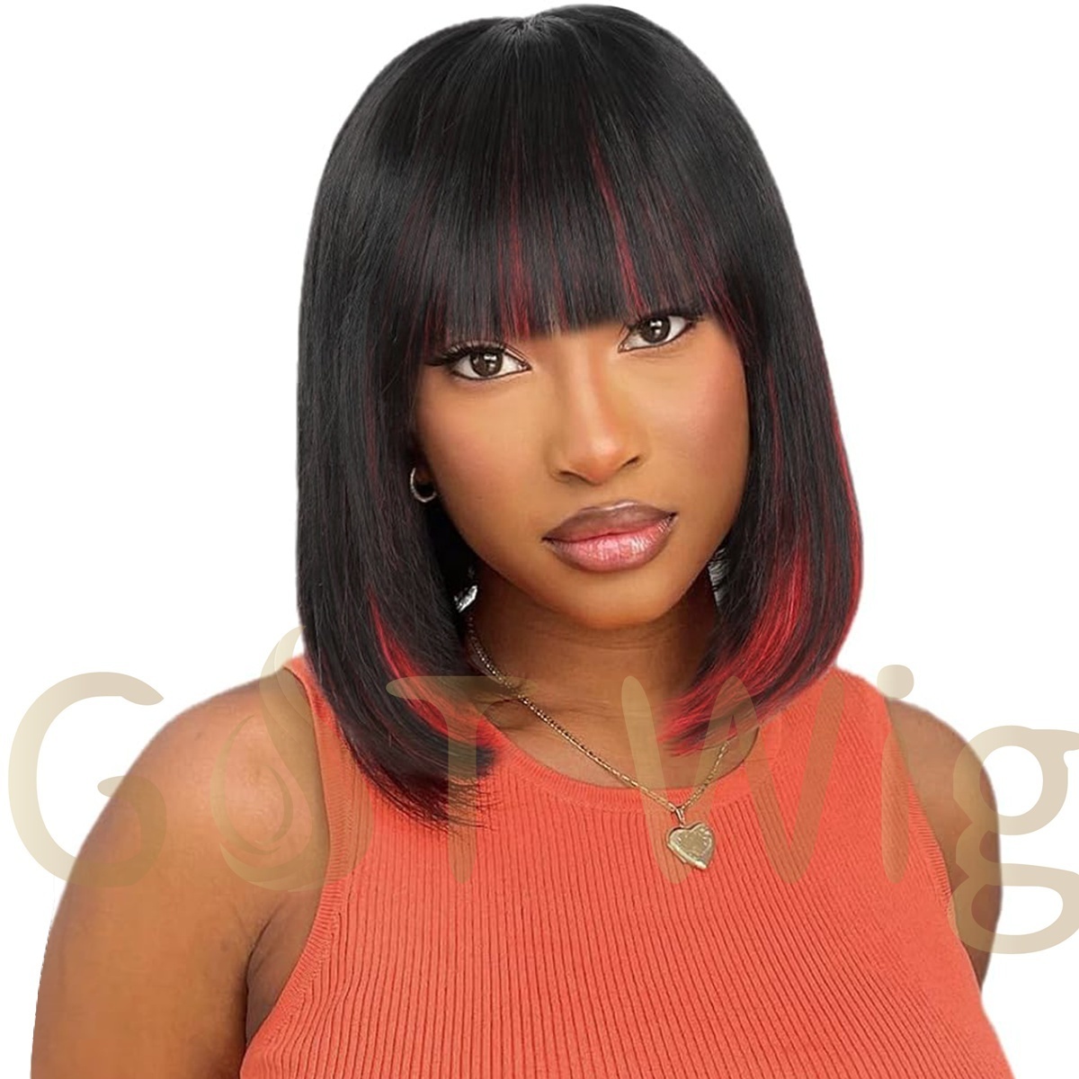 G&T Wig Black and Red Bob Wig with Bangs 12 Inch Short Straight Bob Bangs Hair Two Color Peekaboo Bob High Temperature Fiber Wig