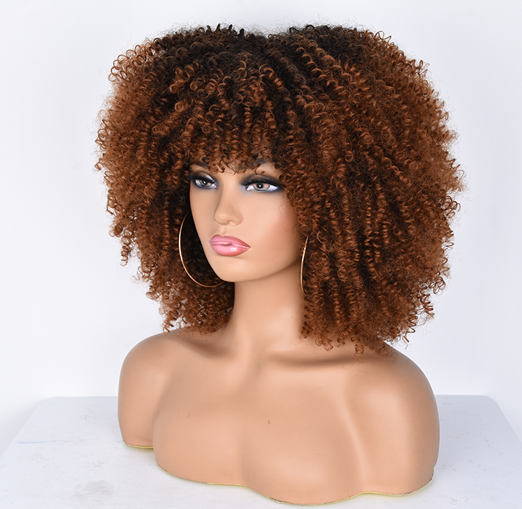 G&T Wig Wholesale Short  Kinky Curly  with Bangs for Black Women Ombre Brown Afro Curly Synthetic Wigs