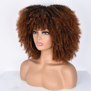 G&T Wig Wholesale Short  Kinky Curly  with Bangs for Black Women Ombre Brown Afro Curly Synthetic Wigs