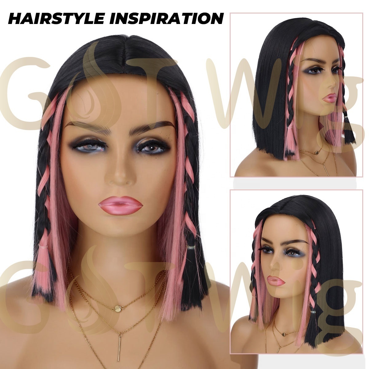 G&T Wig Pink Peekaboo Bob Wig Short Black Mix Pink Highlight Blunt Cut Wig for Women Straight Hair for Party Daily Costume Use