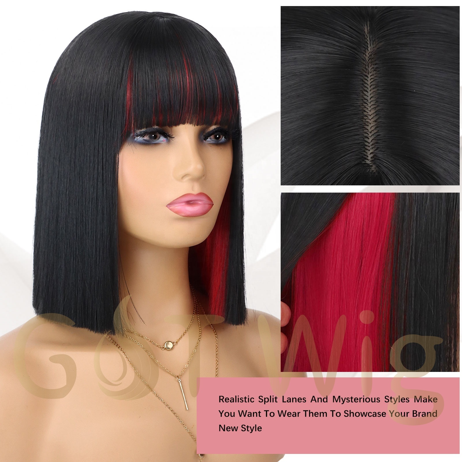 G&T Wig Black and Red Bob Wig with Bangs 12 Inch Short Straight Bob Bangs Hair Two Color Peekaboo Bob High Temperature Fiber Wig