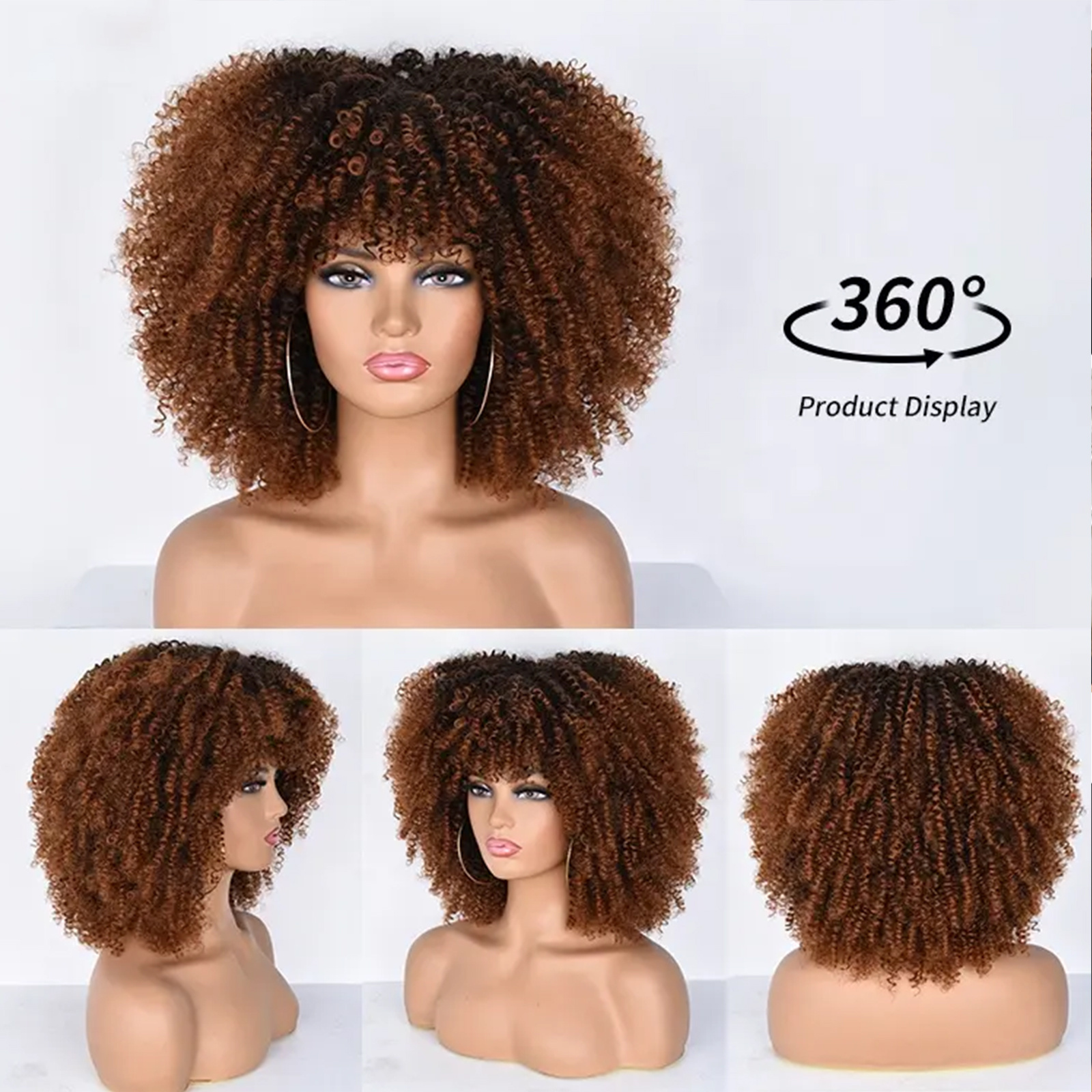 G&T Wig Wholesale Short  Kinky Curly  with Bangs for Black Women Ombre Brown Afro Curly Synthetic Wigs