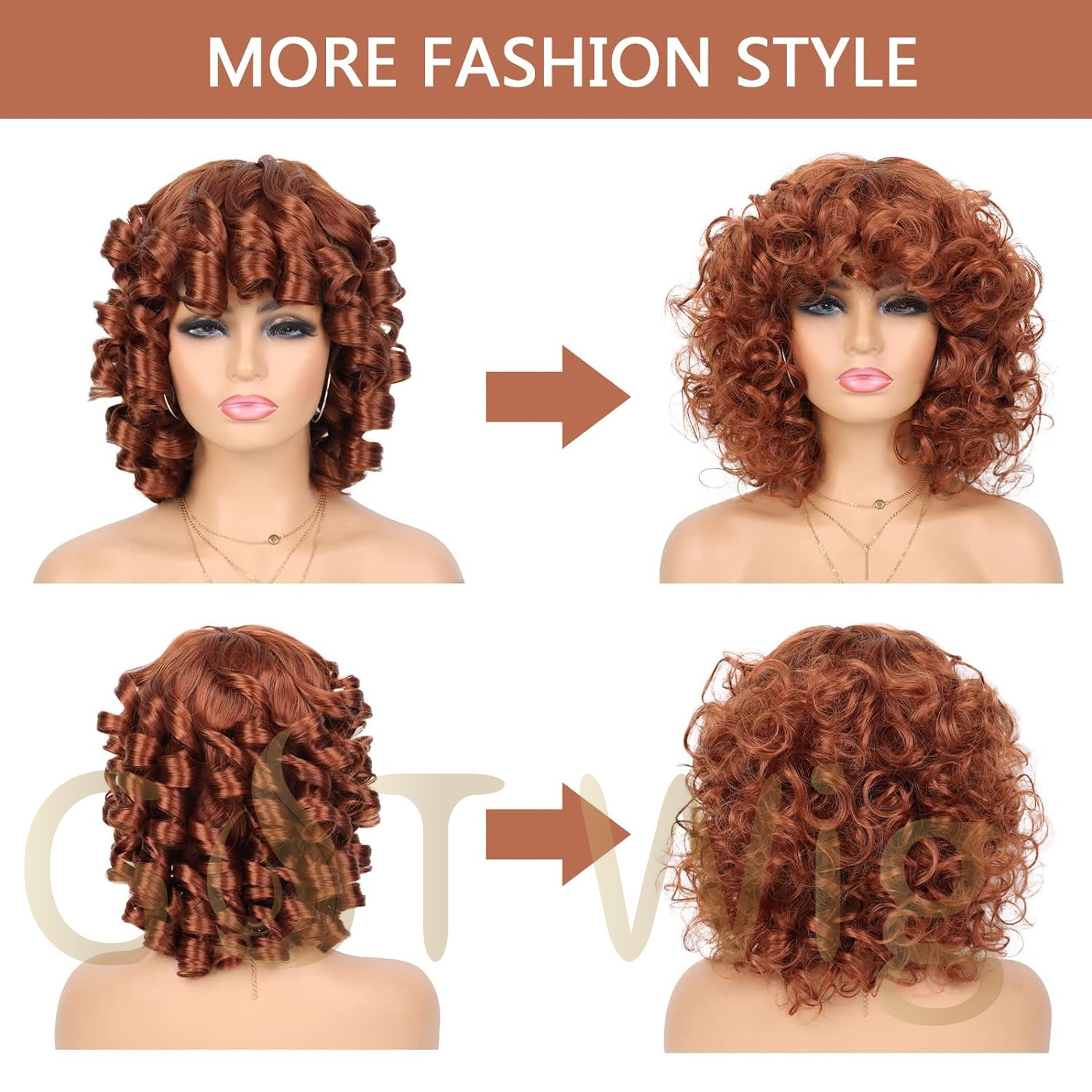 G&T Wig Afro Curly Wig with Bangs Glueless Wear and Go Copper Red Hair Big Bouncy Fluffy Short Kinky Curly Wig