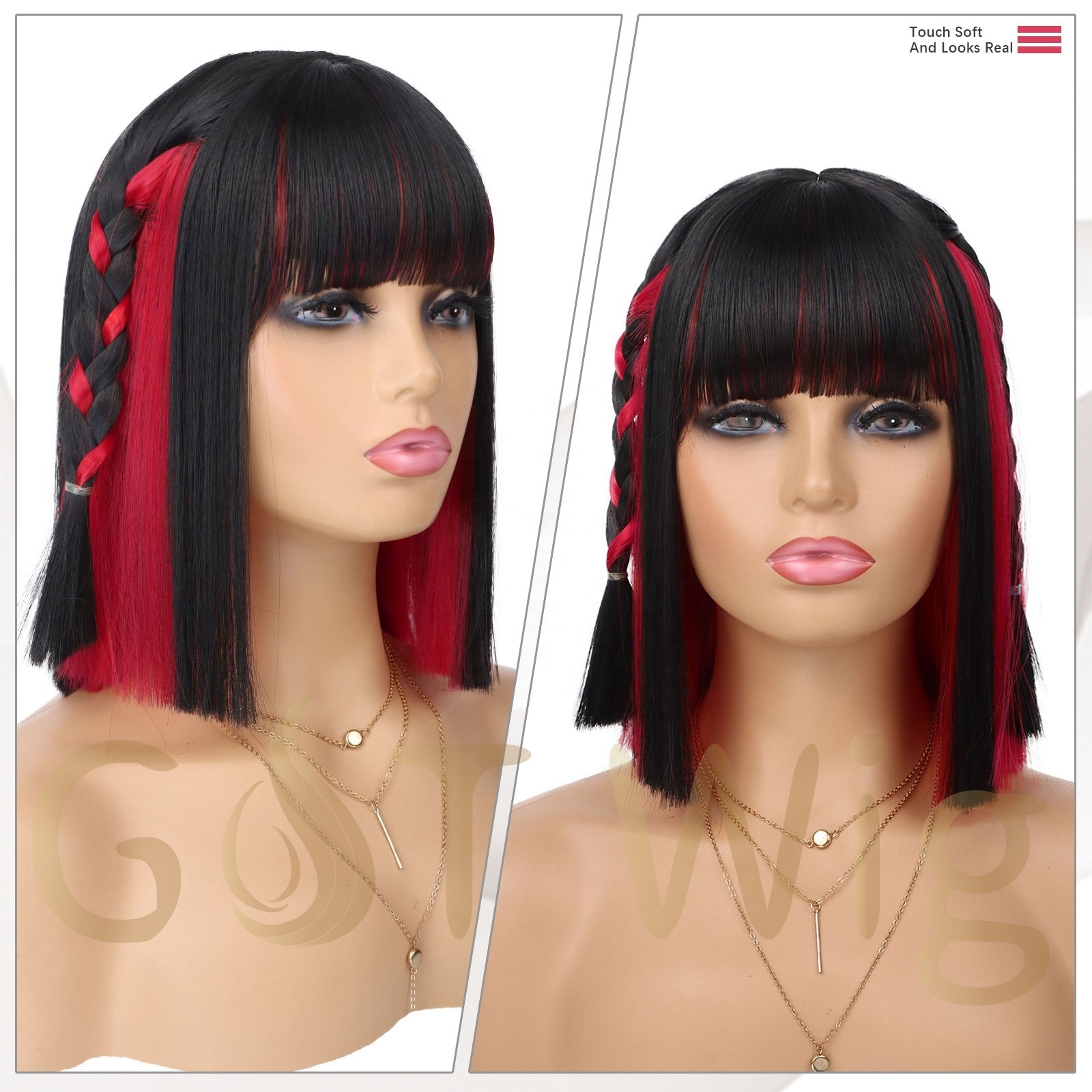 G&T Wig Black and Red Bob Wig with Bangs 12 Inch Short Straight Bob Bangs Hair Two Color Peekaboo Bob High Temperature Fiber Wig