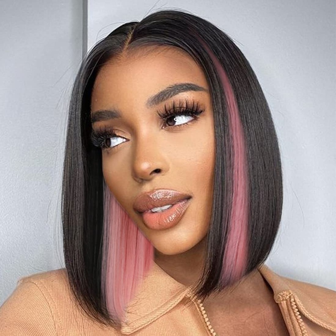 G&T Wig Pink Peekaboo Bob Wig Short Black Mix Pink Highlight Blunt Cut Wig for Women Straight Hair for Party Daily Costume Use