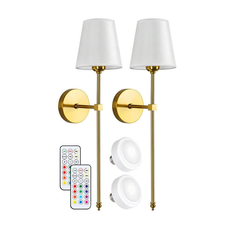 Living Room Indoor Gold RGB Dimmable Wireless Battery Operated Wall Sconce with Remote Control Set of 2 Rechargeable Wall Lights