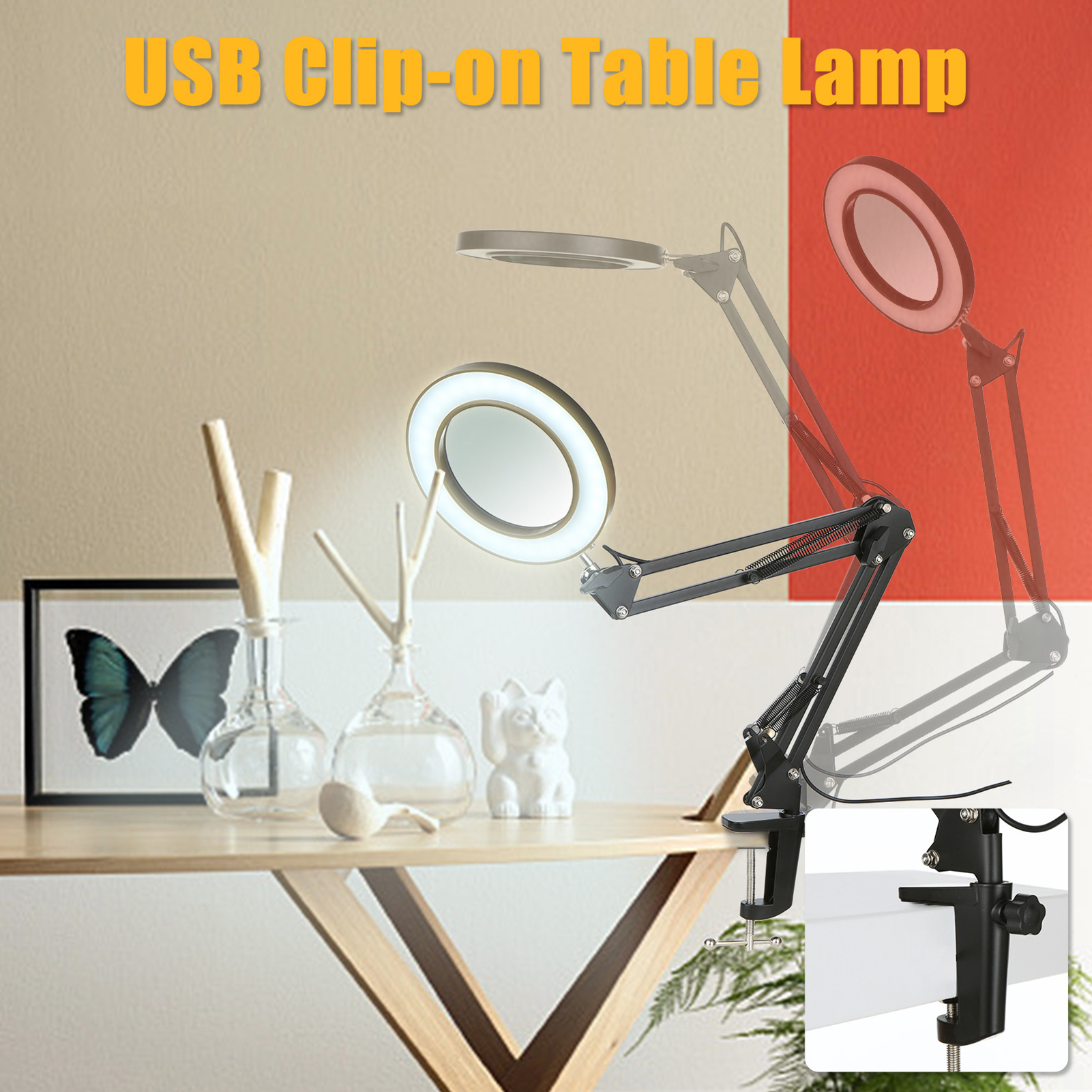 Clamp-on Swing Arm Dimmable Illuminated Desktop Magnifying Glass Led Table Light Reading Beauty Nail gooseneck table Lamp