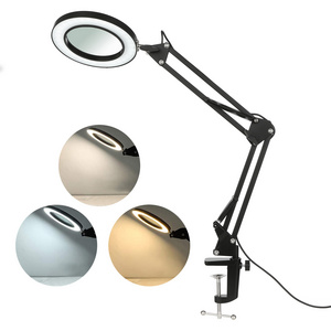 Clamp-on Swing Arm Dimmable Illuminated Desktop Magnifying Glass Led Table Light Reading Beauty Nail gooseneck table Lamp