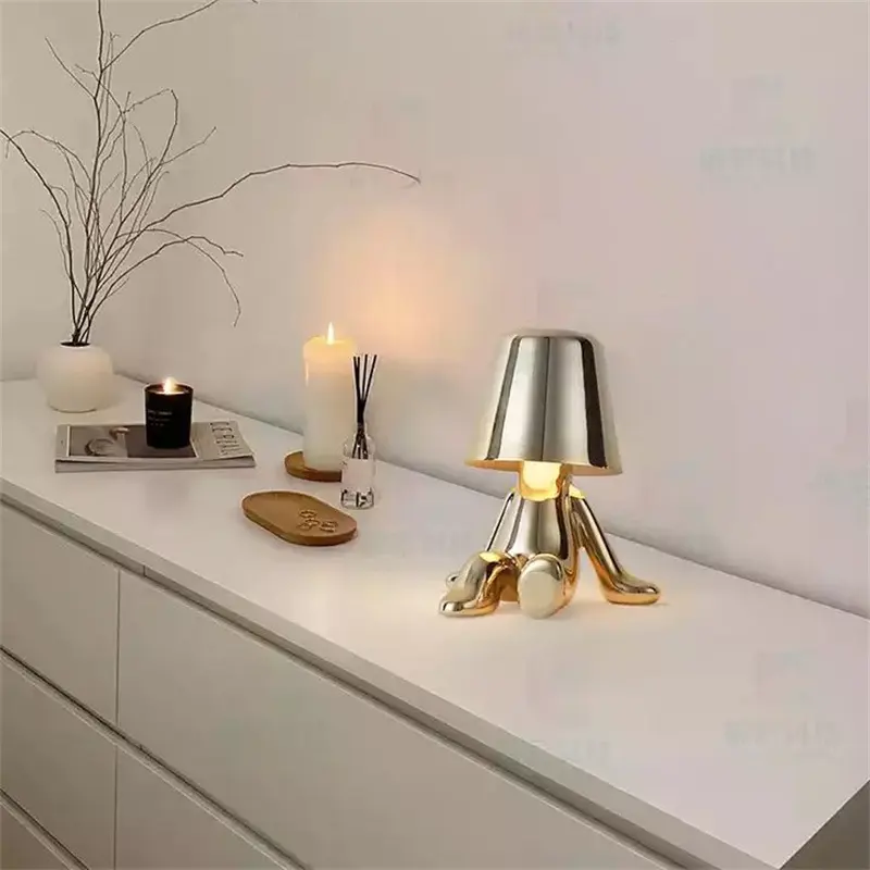 Modern Rechargeable with touch control Dimmable Italy thinker little golden man chrome table lamp