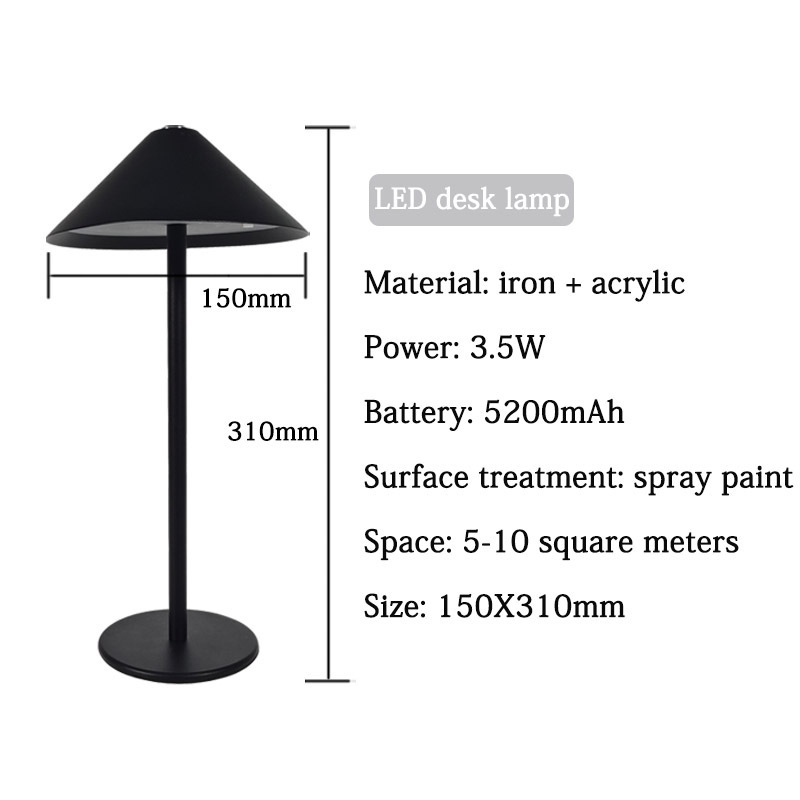 Rechargeable Touch Switch Battery Night Light Black Umbrella Shaped Cordless Bar Triangle Table Lamp