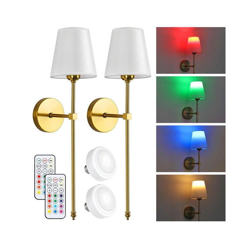 Living Room Indoor Gold RGB Dimmable Wireless Battery Operated Wall Sconce with Remote Control Set of 2 Rechargeable Wall Lights