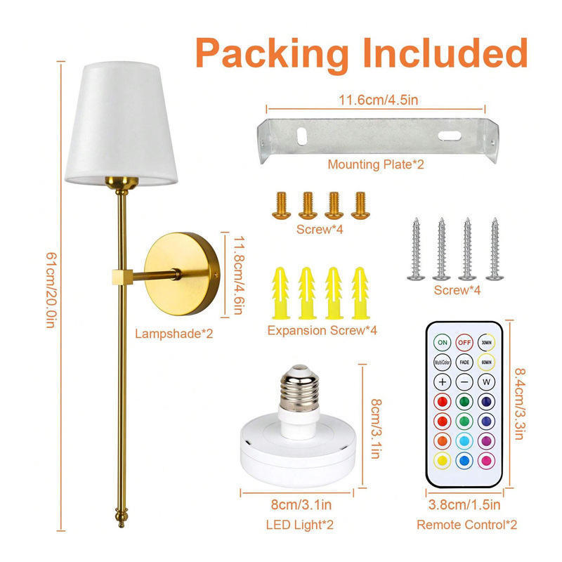 Living Room Indoor Gold RGB Dimmable Wireless Battery Operated Wall Sconce with Remote Control Set of 2 Rechargeable Wall Lights