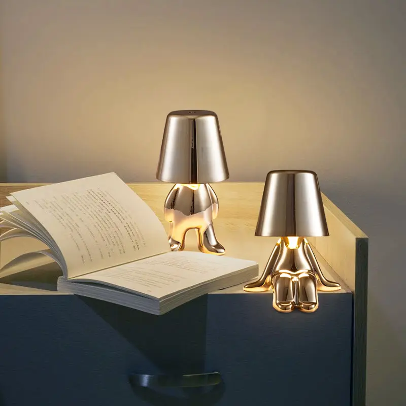 Modern Rechargeable with touch control Dimmable Italy thinker little golden man chrome table lamp