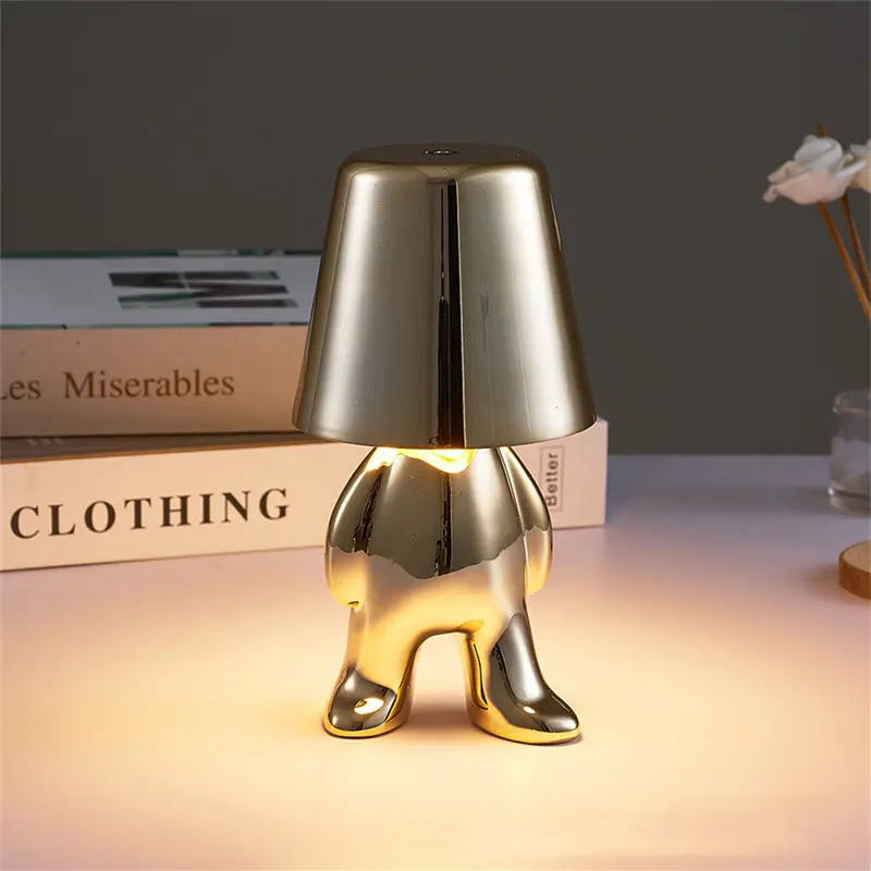 Modern Rechargeable with touch control Dimmable Italy thinker little golden man chrome table lamp