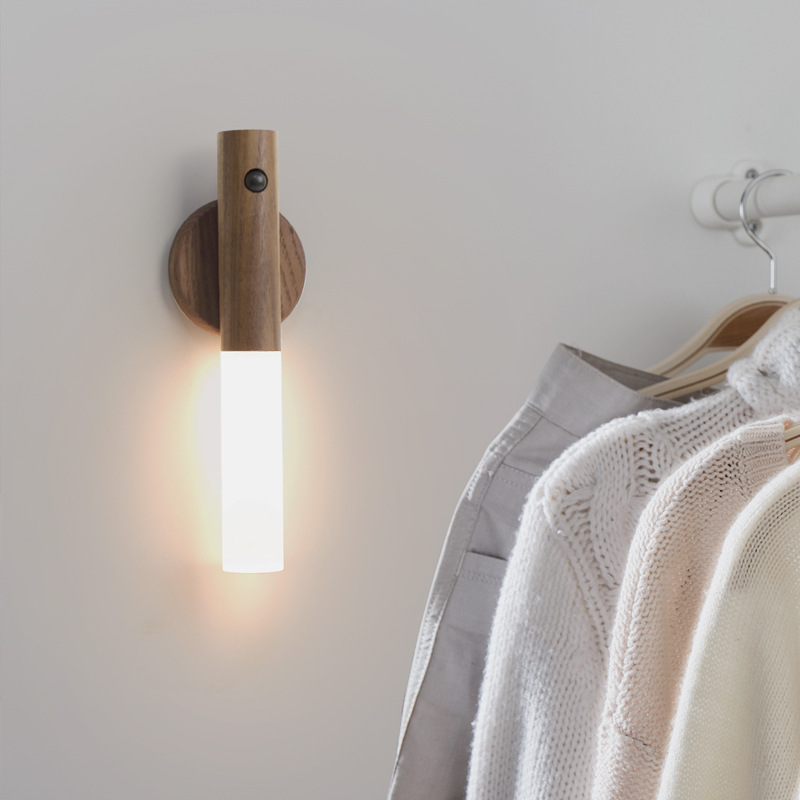 Battery Operated Wall Sconce Magnet Body Rechargeable LED Wooden Portable Motion Sensor Light Indoor Wall lamp