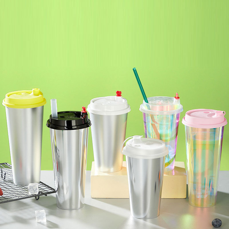 JIMI 360ml 500ml 700ml Disposable Plastic Cup Rainbow Membrane Inner Paste Plastic Bubble Boba Mlik Tea Cup