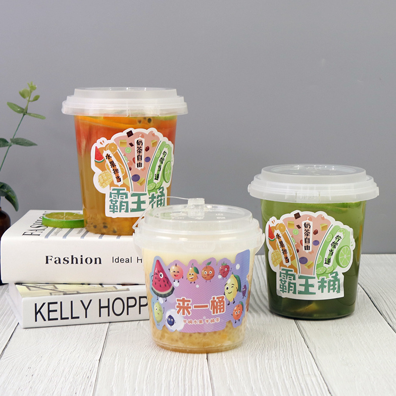 Custom logo printed disposable 32oz drink fresh takeaway fruit PP plastic cup buckets with handle and lid