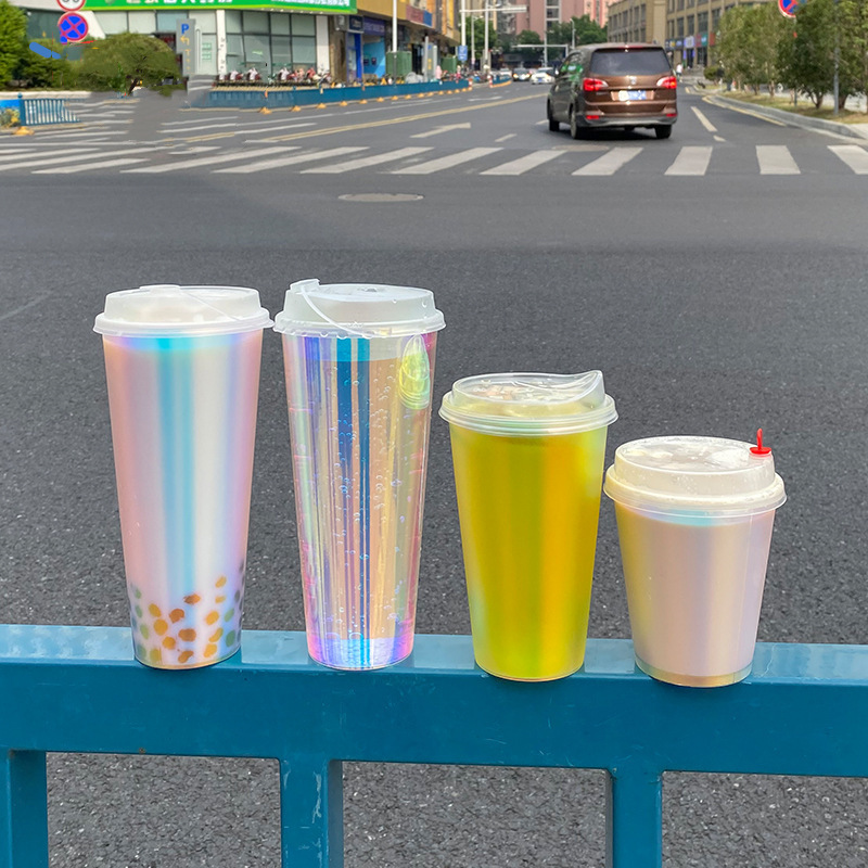 JIMI Plastic Color Changing Cups Low Price Black 16 Oz Beverage Clear Customization Rainbow Film Bubble Tea 90mm Cup