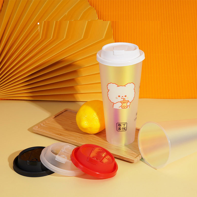 JIMI 360ml 500ml 700ml Disposable Plastic Cup Rainbow Membrane Inner Paste Plastic Bubble Boba Mlik Tea Cup