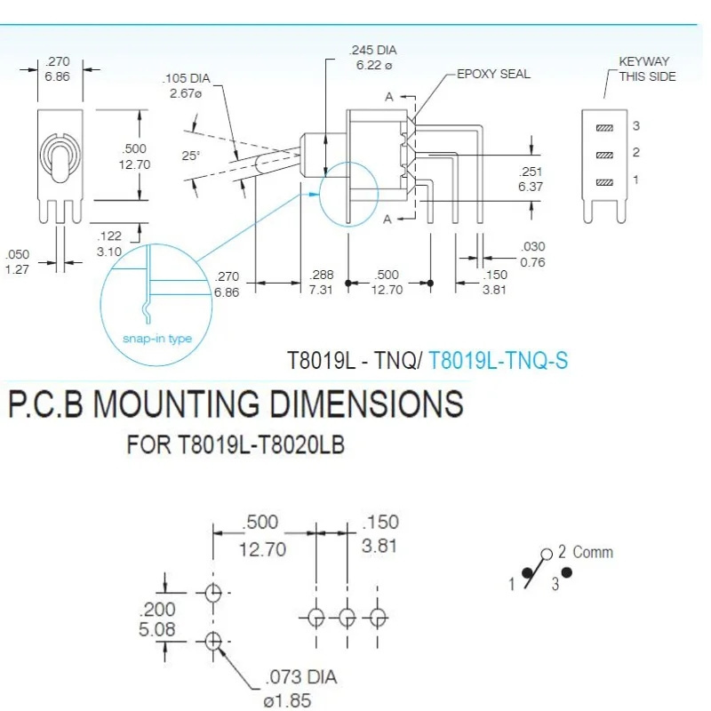 SH T8019L Toggle switch T80-T Series Vertical Right Angle 3-Pin on-on 2position SPDT PCB Mount Mini Toggle Switch