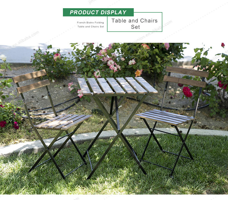 French Bistro Metal Frame Wooden Top balcony furniture folding steel bistro 3 piece patio table chairs set