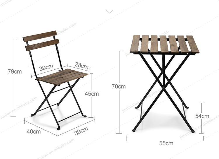 French Bistro Metal Frame Wooden Top balcony furniture folding steel bistro 3 piece patio table chairs set