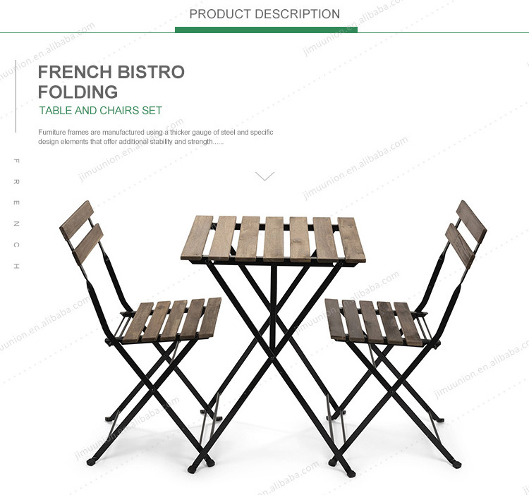 French Bistro Metal Frame Wooden Top balcony furniture folding steel bistro 3 piece patio table chairs set