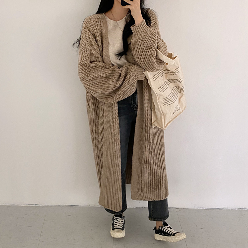 2023 new Korean style lazy wind pit stripe long sweater women's jacket solid color loose lantern sleeve knitted womens cardigan