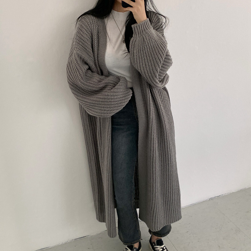 2023 new Korean style lazy wind pit stripe long sweater women's jacket solid color loose lantern sleeve knitted womens cardigan