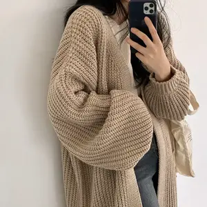 2023 new Korean style lazy wind pit stripe long sweater women's jacket solid color loose lantern sleeve knitted womens cardigan