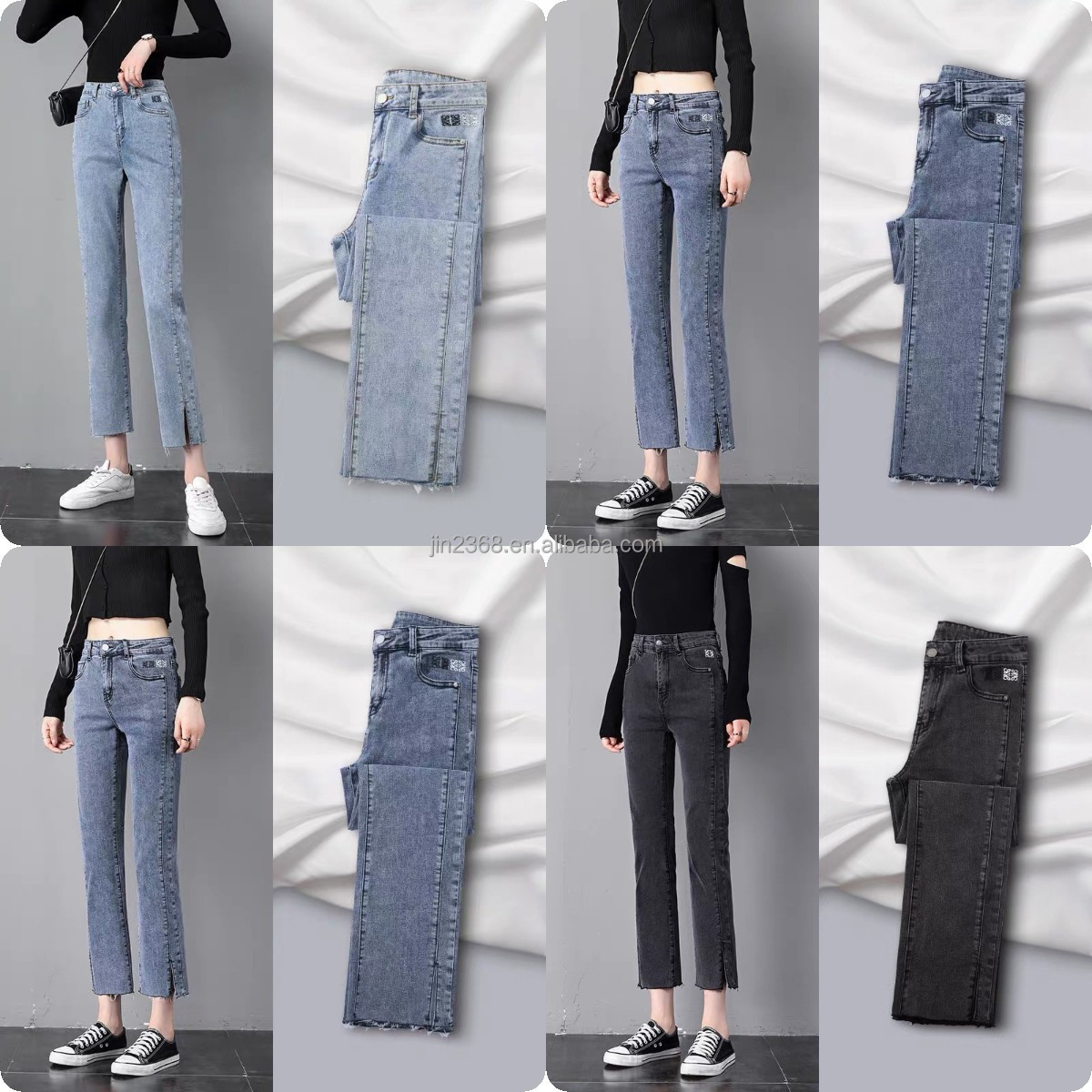 Factory direct sale womens clothing high elastic pants hole ripped ladies trousers high waist women flared jeans