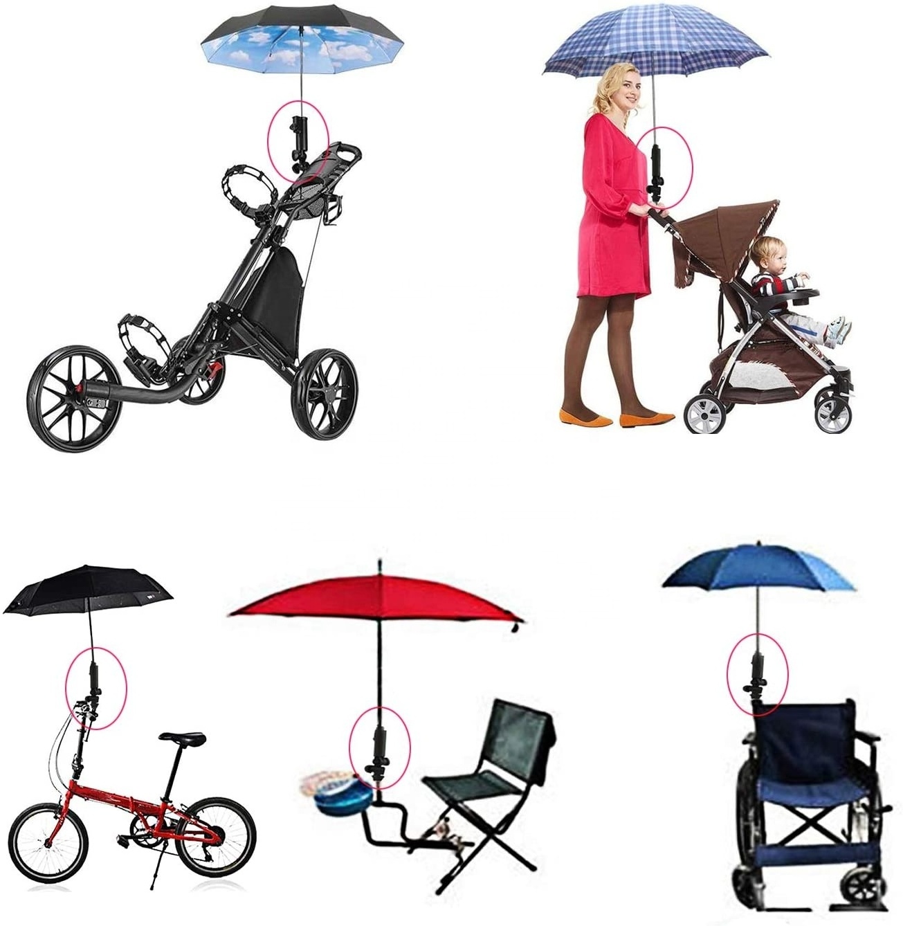 Hot Sales Golf Cart Umbrella Holder Universal Adjustable Size Angle Stroller Attachment with Clamp Durable Accessories