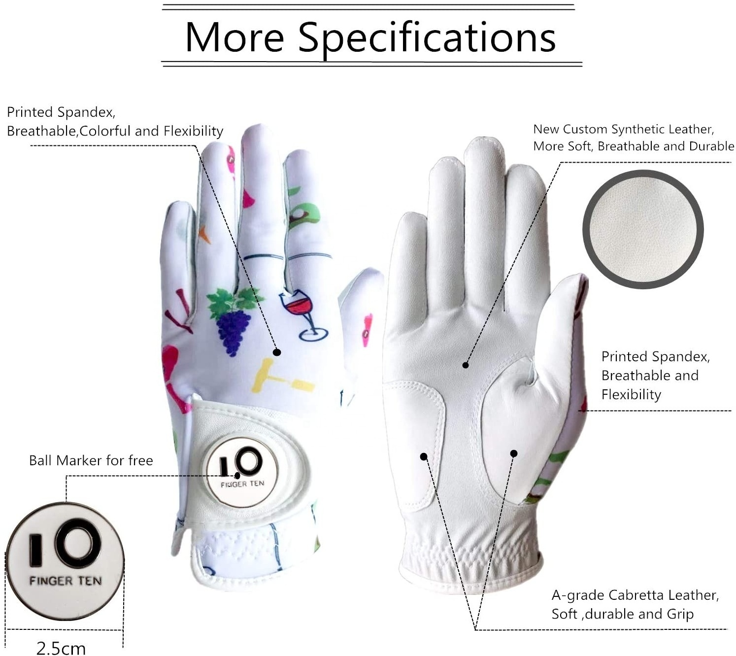 OEM Custom Golf Gloves With Ball Marker Soft Leather All Weather Grip Non Slip Breathable Glove for Women Ladies Girls