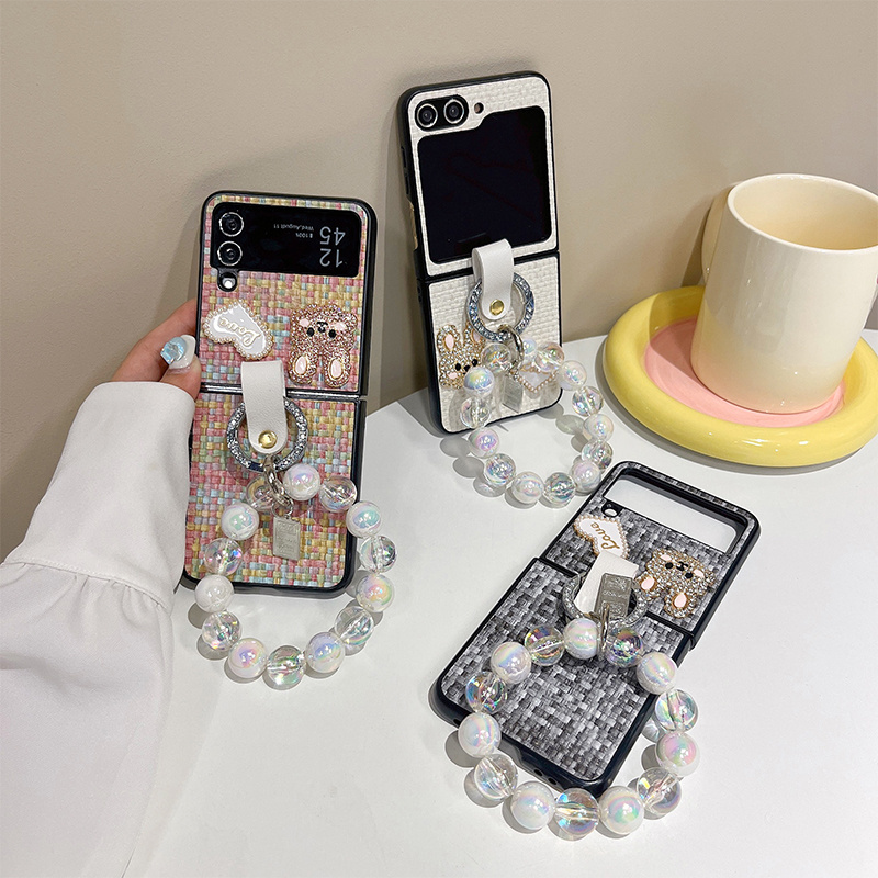 Rhinestone Bunny Plaid Phone Case with Ring Holder and Hand Strap Flip Folding Screen Heart-shaped for Samsung zflip5 zflip4 3 5