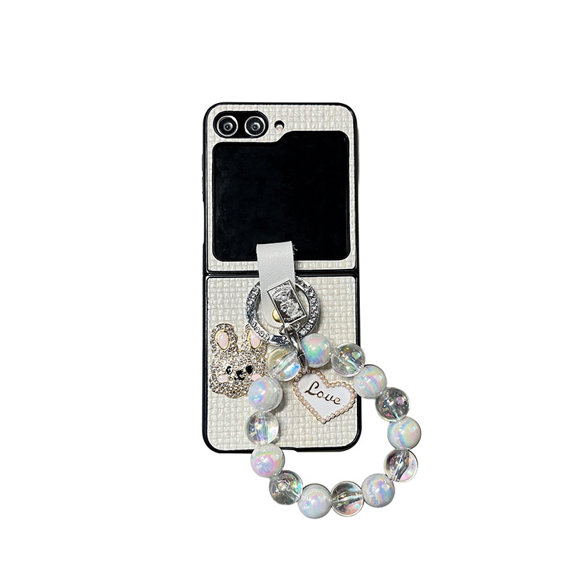 Rhinestone Bunny Plaid Phone Case with Ring Holder and Hand Strap Flip Folding Screen Heart-shaped for Samsung zflip5 zflip4 3 5