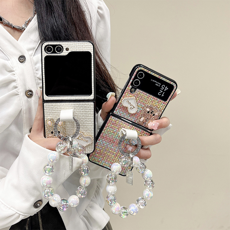 Rhinestone Bunny Plaid Phone Case with Ring Holder and Hand Strap Flip Folding Screen Heart-shaped for Samsung zflip5 zflip4 3 5