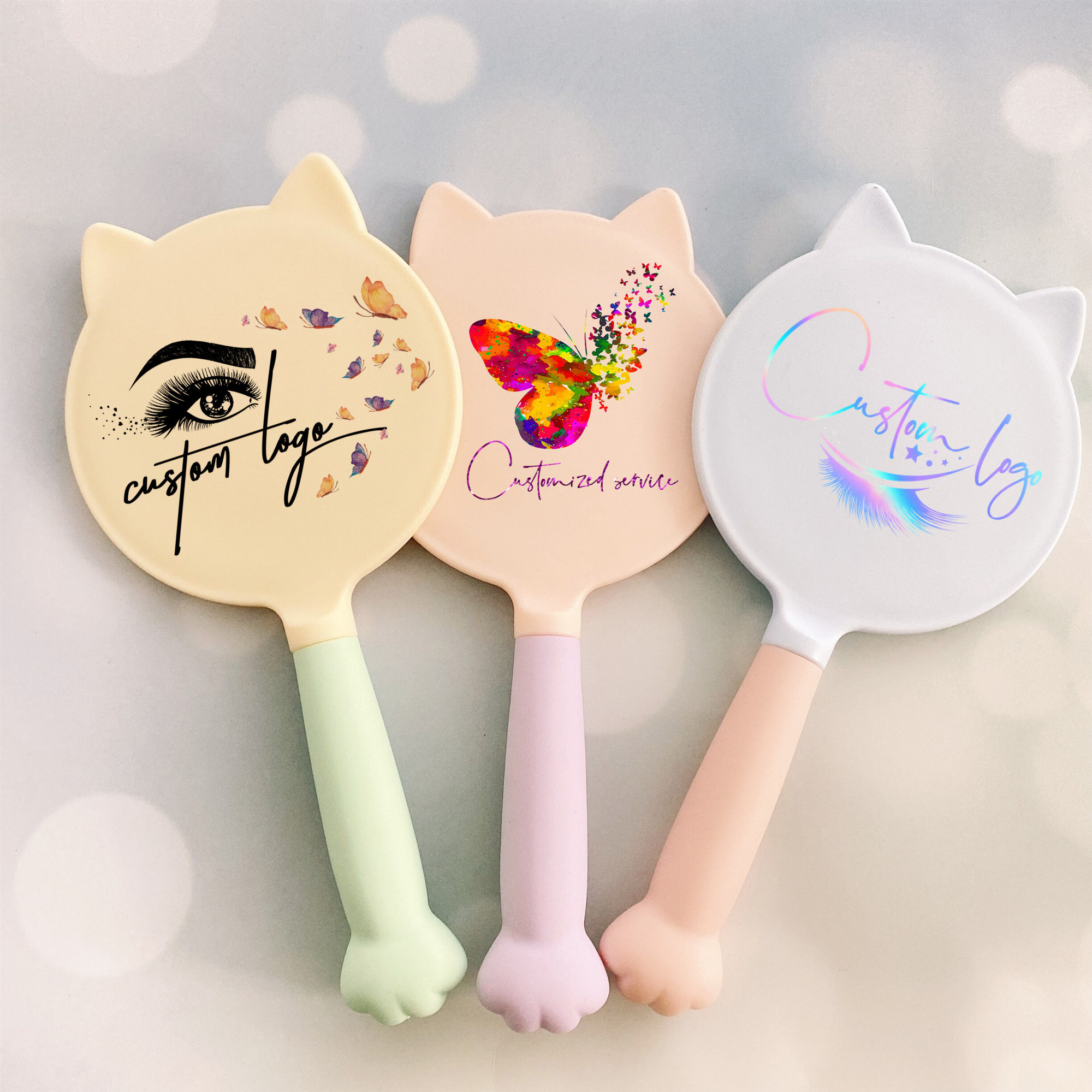 New hot selling Personalized logo hand mirror cute cat shape pink handheld makeup mirror