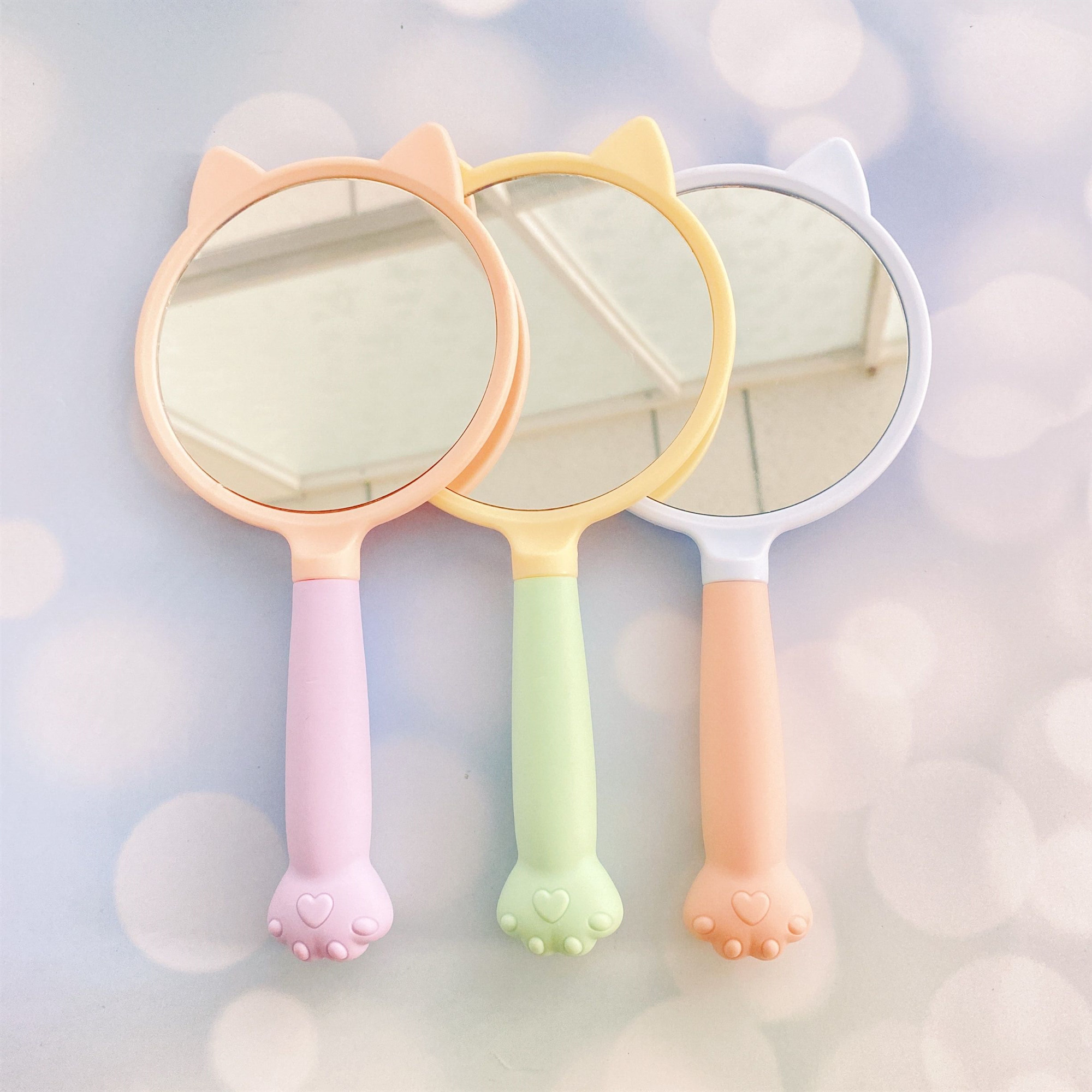 New hot selling Personalized logo hand mirror cute cat shape pink handheld makeup mirror