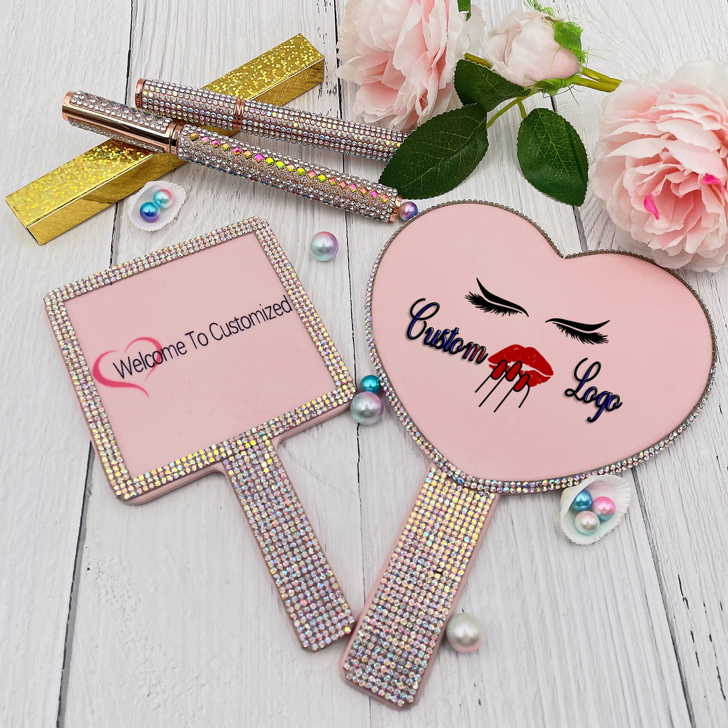 Lastrose Wholesale White Black Pink Private Label Mirror with Rhinestone Handheld Mirror Square Small Makeup Mirrors With Handle