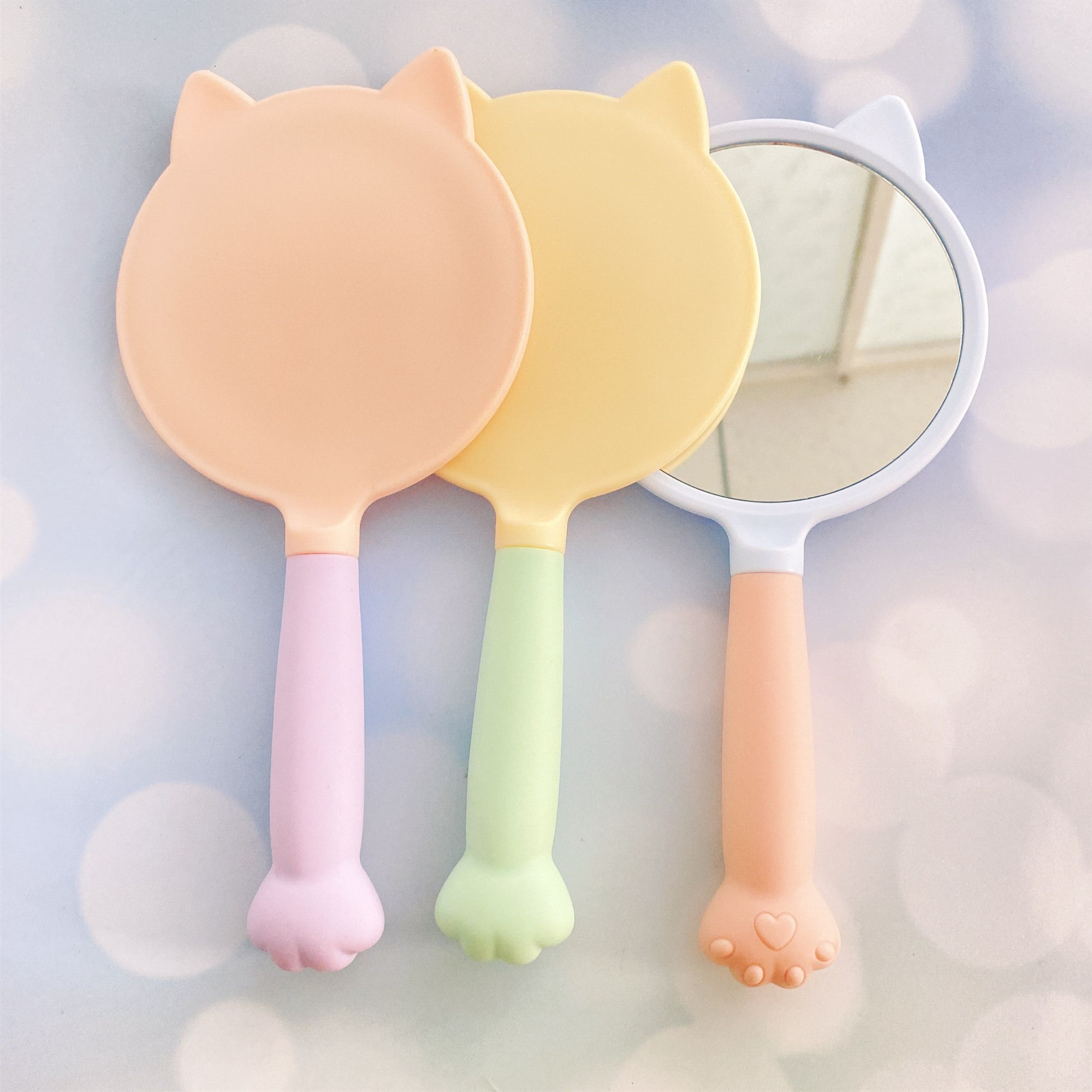 New hot selling Personalized logo hand mirror cute cat shape pink handheld makeup mirror