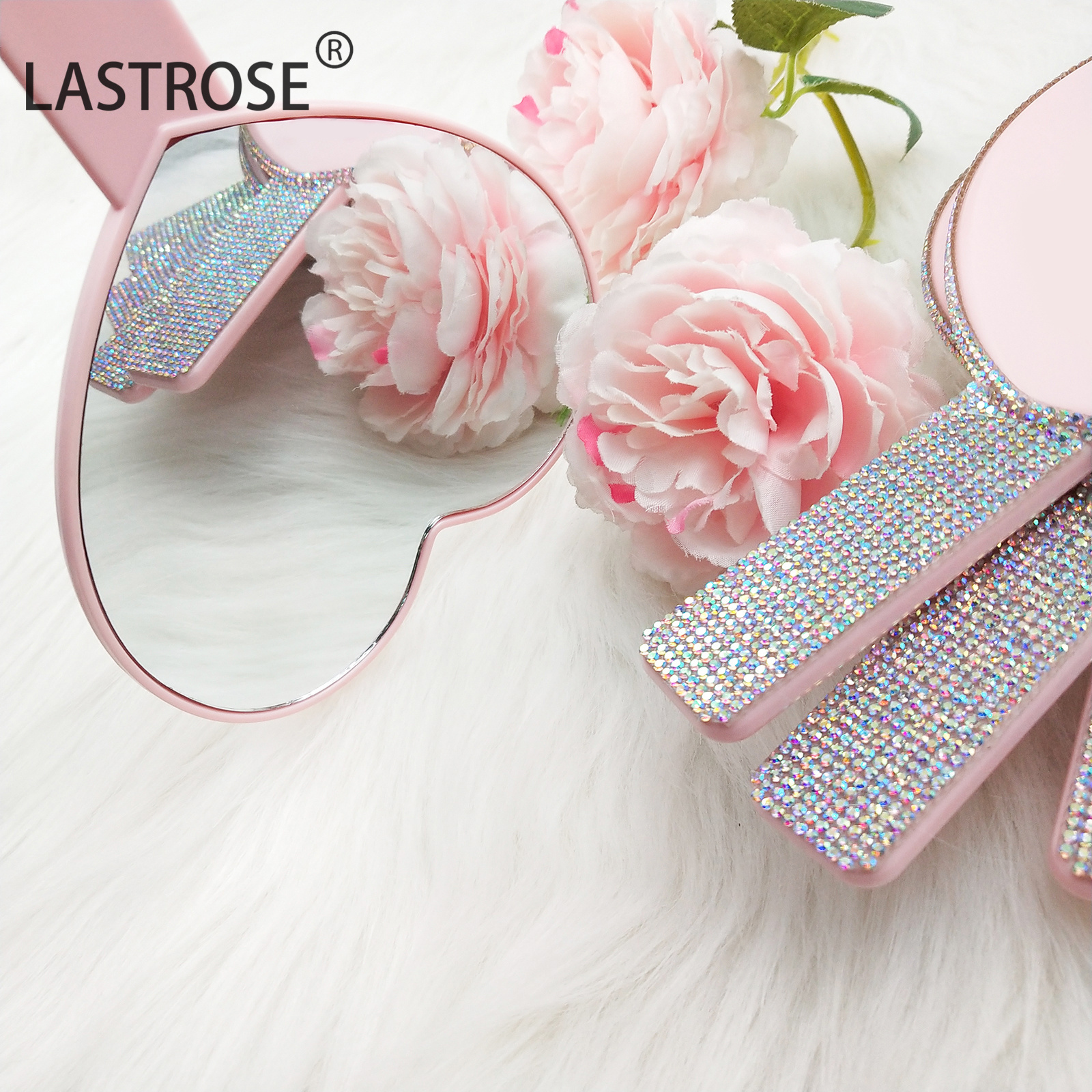 Lastrose Wholesale White Black Pink Private Label Mirror with Rhinestone Handheld Mirror Square Small Makeup Mirrors With Handle