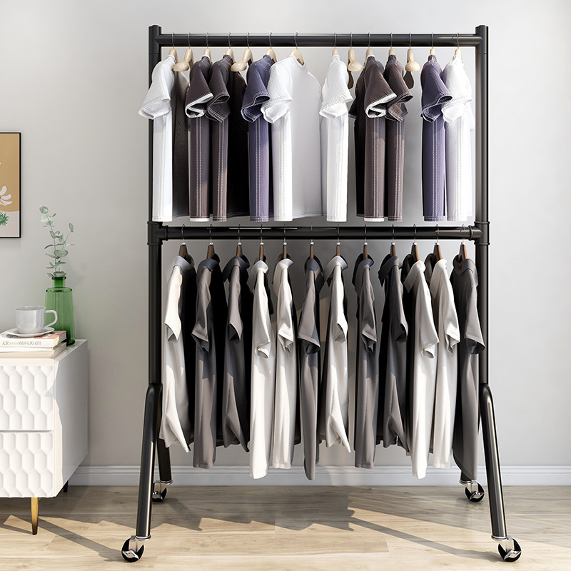 Clothing store display rack double-layer floor-to-ceiling water pipe hanger can lift push-pull mobile belt