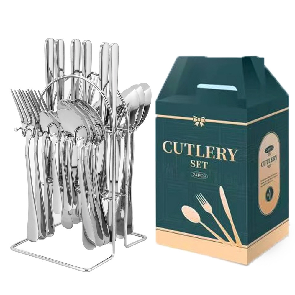 Cross-border hot selling stainless steel 24-piece tableware hanger titanium plated western knife, fork and spoon tableware set