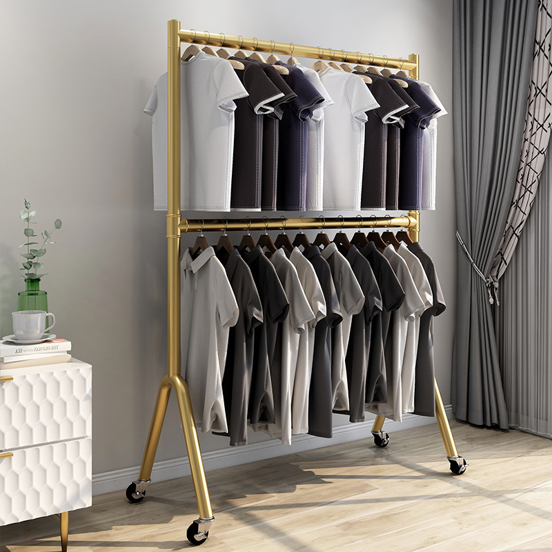 Clothing store display rack double-layer floor-to-ceiling water pipe hanger can lift push-pull mobile belt